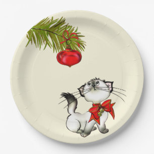 Playful Kitty Cat In A Red Christmas Bow Paper Plate