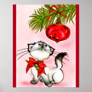 Playful Kitty Cat In A Red Christmas Bow Poster