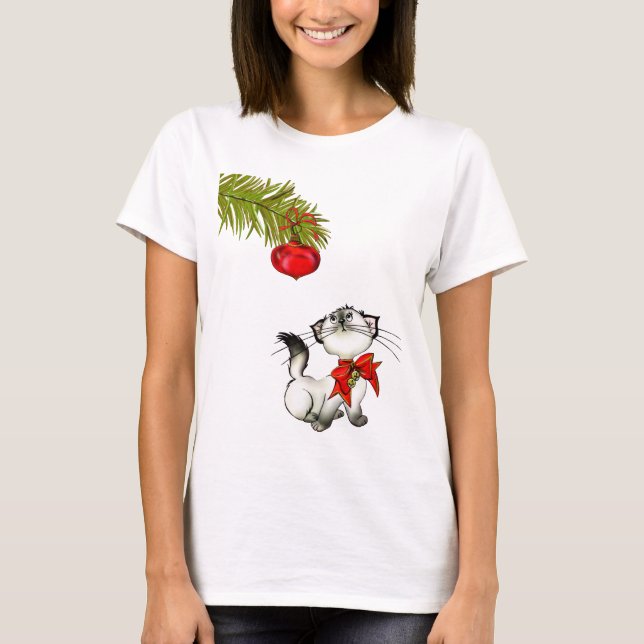 Playful Kitty Cat In A Red Christmas Bow T-Shirt (Front)