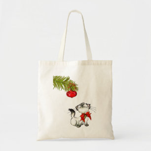 Playful Kitty Cat In A Red Christmas Bow Tote Bag