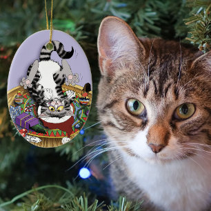 Playful Lavender Catnip Christmas Cat Funny Ceramic Ornament
