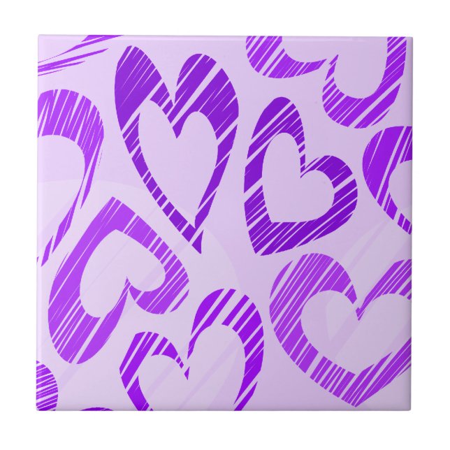Playful Lavender Purple Cute Sketch Heart Pattern Ceramic Tile (Front)