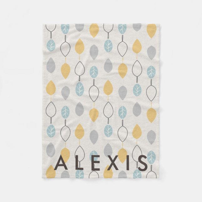 Playful Leaves Pattern w/ Name Fleece Blanket (Front)