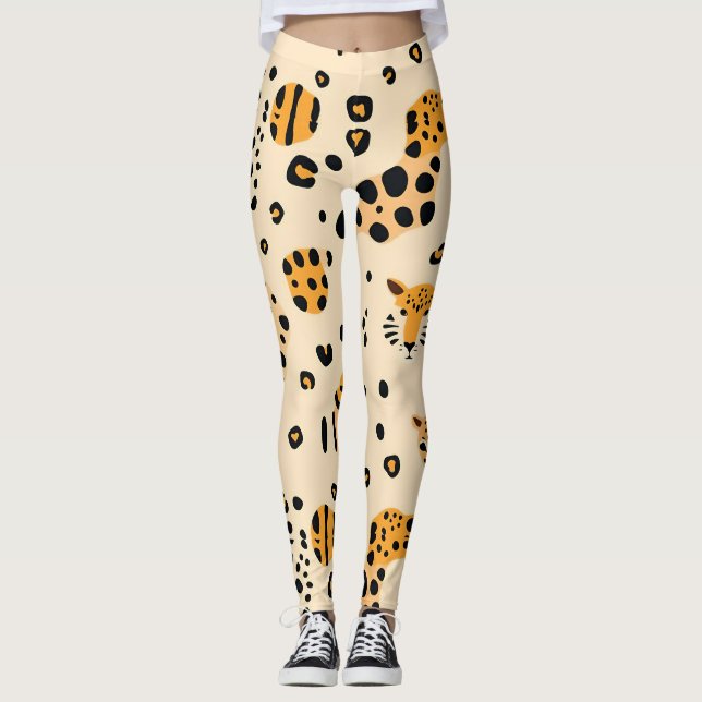 Playful Leopard Heads Pattern Leggings (Front)