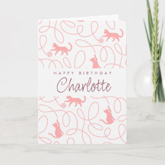 Playful Light Coral Pink Cat Pattern Birthday Card
