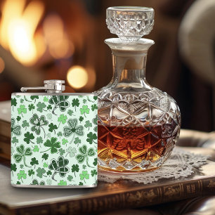 Playful Light Green Shamrock Hearts Pattern Celtic Hip Flask
