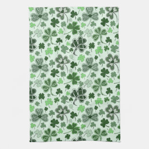 Playful Light Green Shamrock Hearts Pattern Celtic Tea Towel