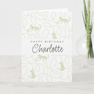 Playful Light Sage Green Cat Pattern Birthday Card
