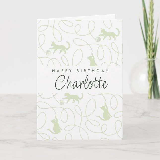 Playful Light Sage Green Cat Pattern Birthday Card (Front)