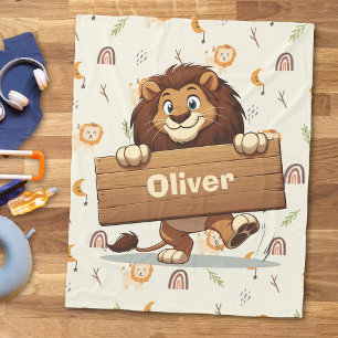 Playful Lion with Wooden Name Plate Fleece Blanket
