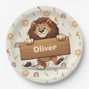 Playful Lion with Wooden Name Sign Paper Plate