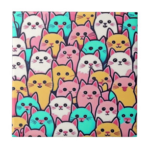 Playful Minimalist Cats in Multi-Coloured Pastels Ceramic Tile
