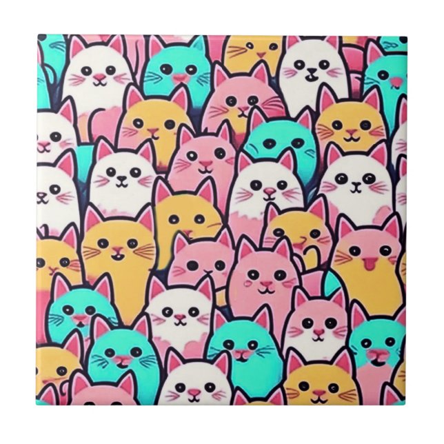 Playful Minimalist Cats in Multi-Coloured Pastels Ceramic Tile (Front)