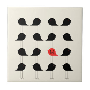 Playful Modern Black Red Birds Pattern Monogram Ceramic Tile