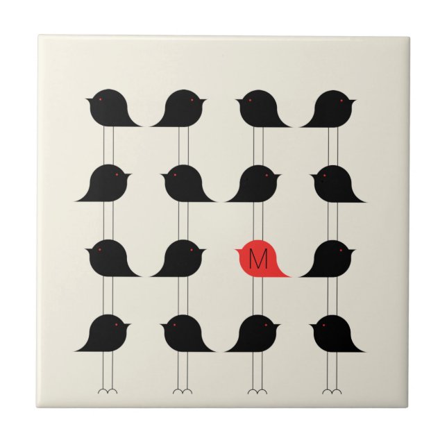 Playful Modern Black Red Birds Pattern Monogram Ceramic Tile (Front)