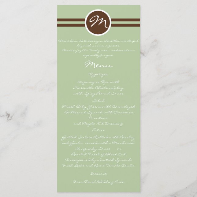Playful Monogram in Sage Green Brown Wedding Menu (Front)