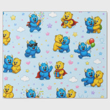Playful Monster Friends Stars and Clouds Pattern