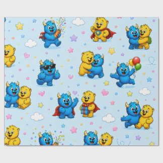 Playful Monster Friends Stars and Clouds Pattern Wrapping Paper