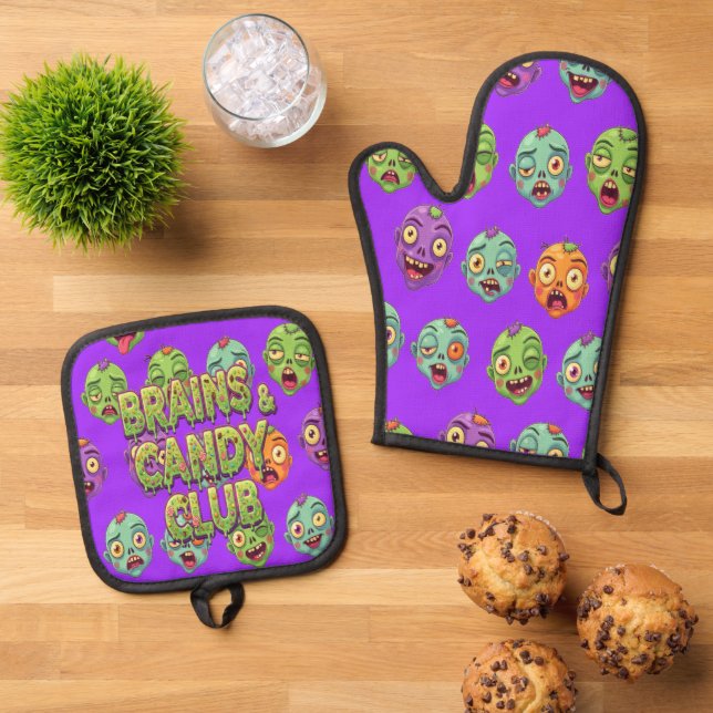 Playful Monsters Zombies For Halloween Oven Mitt & Pot Holder Set (Top Down)