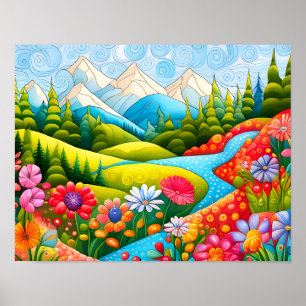 Playful Mountain Meadow with Flowers and Stream Poster