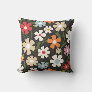 Playful Multicolor Floral on Black Background Cushion