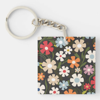 Playful Multicolor Floral on Black Background Key Ring