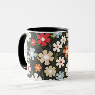 Playful Multicolor Floral on Black Background Mug