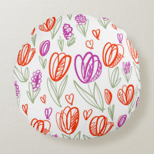 Playful naive tulip flower seamless pattern round cushion