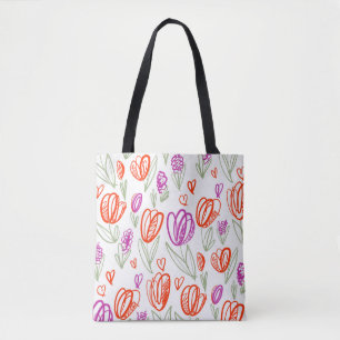 Playful naive tulip flower seamless pattern tote bag