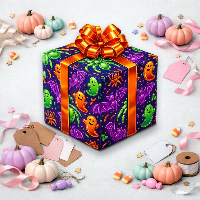 Playful Neon Halloween Ghost Pattern Design Wrapping Paper (Creator Uploaded)