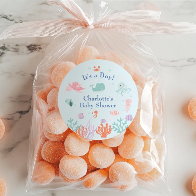 Playful Ocean Friends Blue Its A Boy Baby Shower Classic Round Sticker (Creator Uploaded)