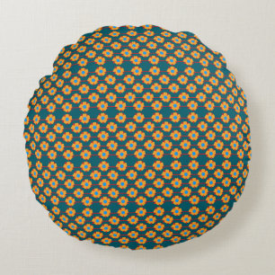 Playful Orange and Dark teal Floral Round Cushion