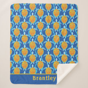 Playful Orange Blue Sea Turtle Design Sherpa Blanket