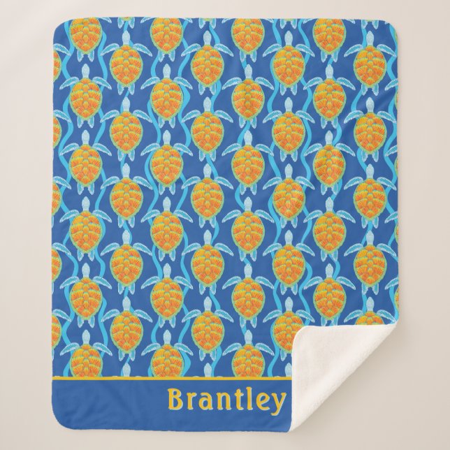 Playful Orange Blue Sea Turtle Design Sherpa Blanket (Front)