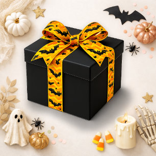 Playful Orange Chevron Bat Halloween Pattern Satin Ribbon