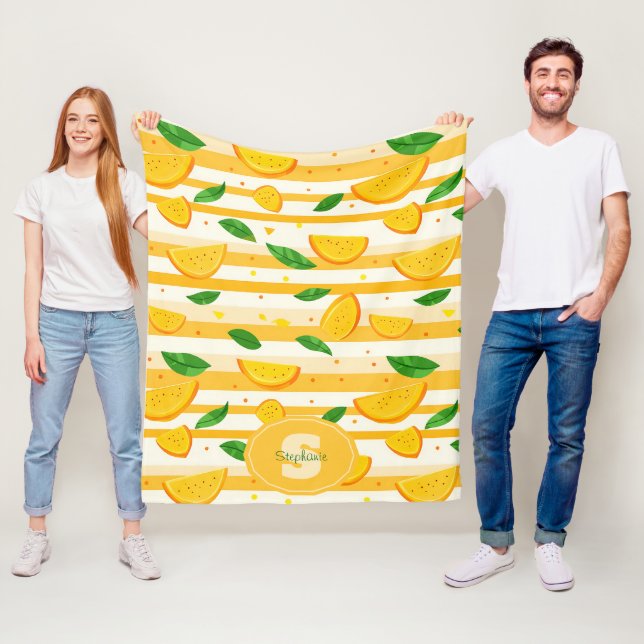 Playful Orange Slice Pattern with Green Leaves Fleece Blanket (In Situ)