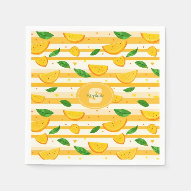 Playful Orange Slice Pattern with Green Leaves Napkin (Front)