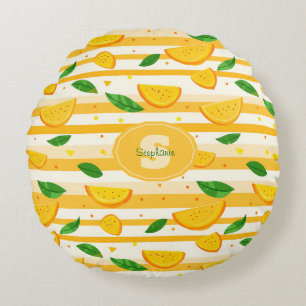 Playful Orange Slice Pattern with Green Leaves Round Cushion