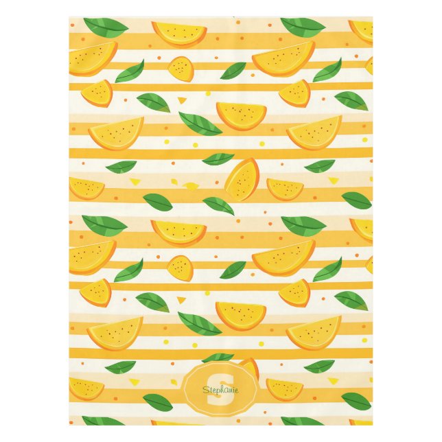 Playful Orange Slice Pattern with Green Leaves Tablecloth (Front)