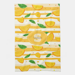 Playful Orange Slice Pattern with Green Leaves Tea Towel
