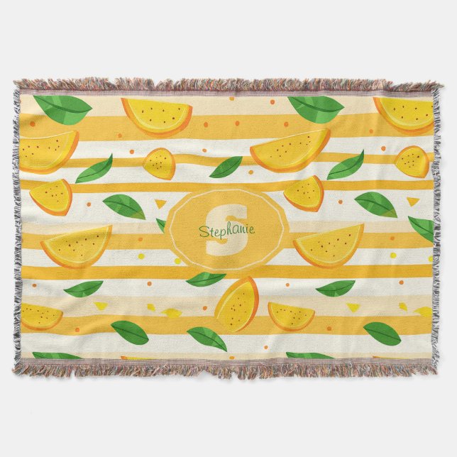 Playful Orange Slice Pattern with Green Leaves Throw Blanket (Front)