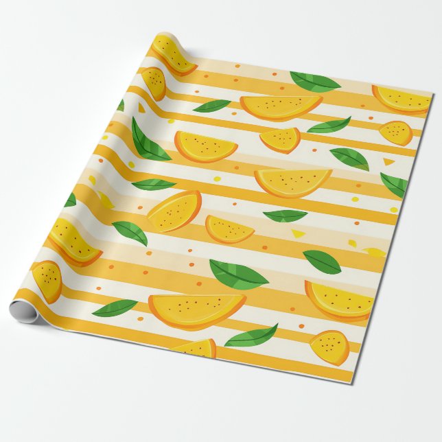 Playful Orange Slice Pattern with Green Leaves Wrapping Paper (Unrolled)