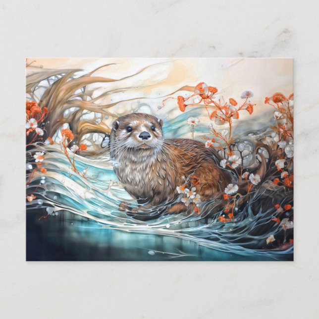 Playful otter in pond with reflections holiday postcard (Front)