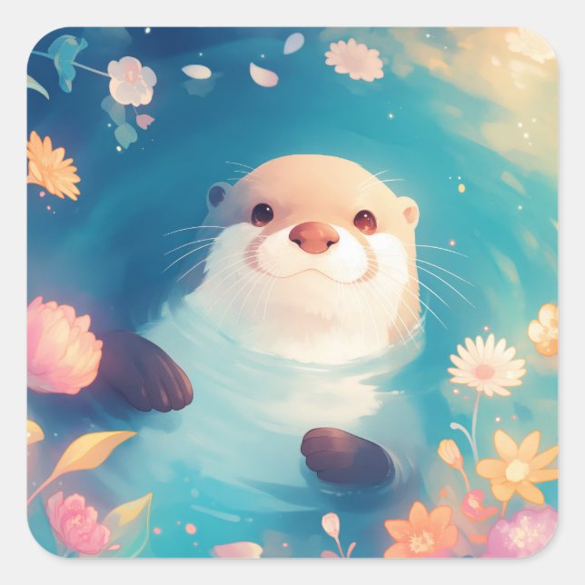 Playful Otter Sticker with Colourful Flowers (Front)