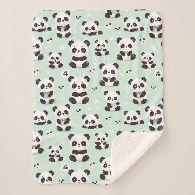 Playful Panda Pattern Sherpa Blanket (Front)