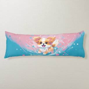 Playful Papillon Pup: Splash of Pink and Blue Body Cushion