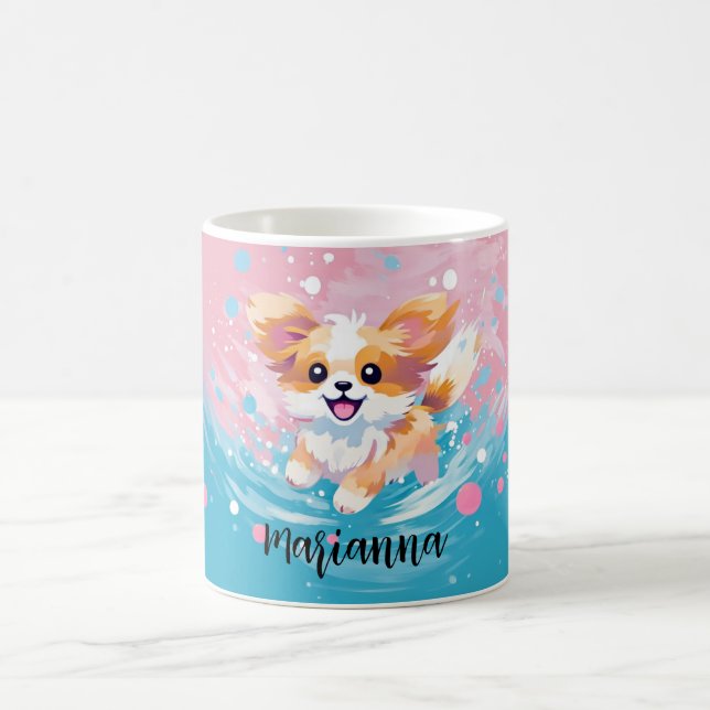 Playful Papillon Pup: Splash of Pink and Blue Coffee Mug (Center)