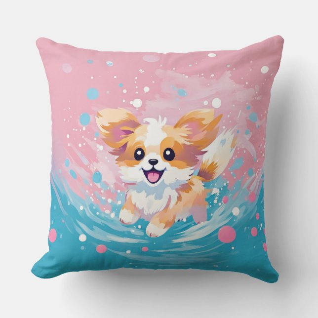 Playful Papillon Pup: Splash of Pink and Blue Cushion (Front)