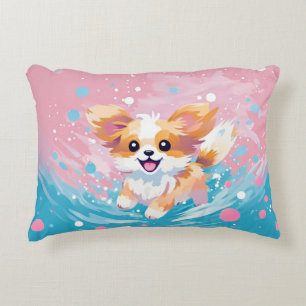 Playful Papillon Pup: Splash of Pink and Blue Decorative Cushion