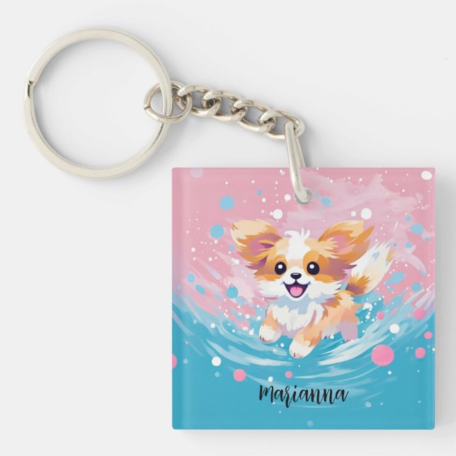 Playful Papillon Pup: Splash of Pink and Blue Key Ring (Front)